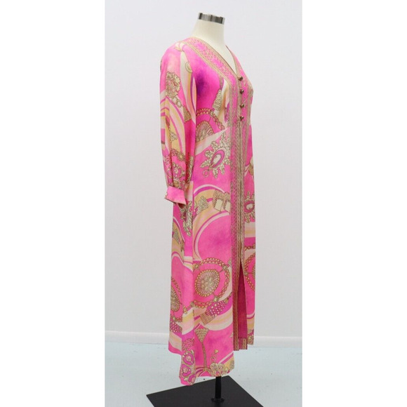 Vintage DELA-ANN Novelty Pink Glam Jewelry Print Lounge Kaftan Dress 1960's M - Picture 9 of 16